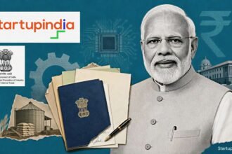 Seva Teerth schemes editorial collage with PM Narendra Modi, Startup India branding, official documents and deep-tech funding symbols