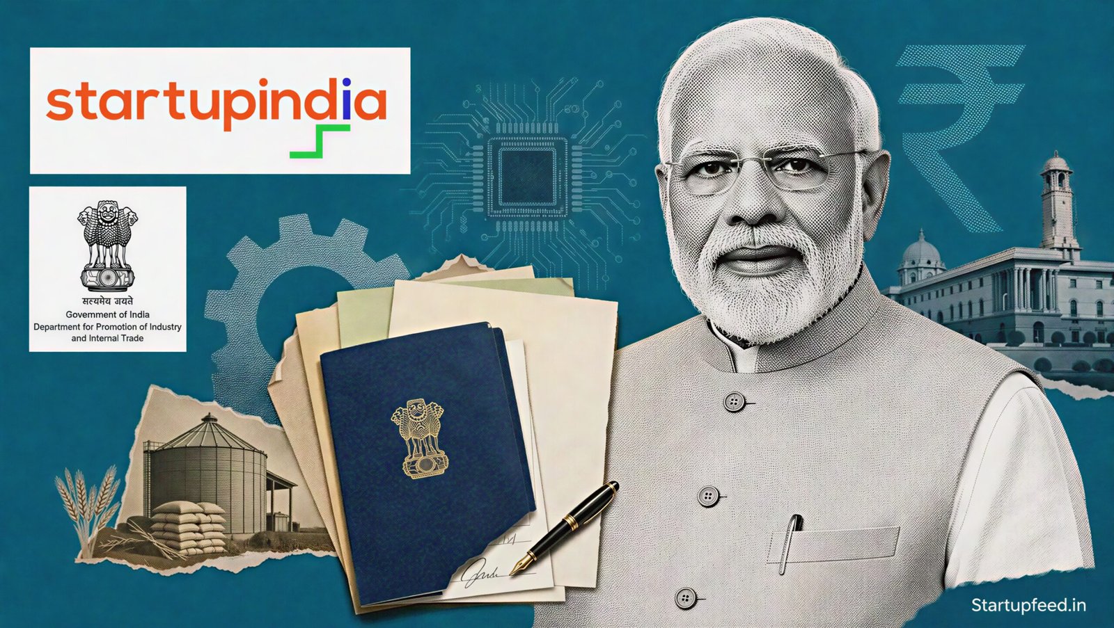 Seva Teerth schemes editorial collage with PM Narendra Modi, Startup India branding, official documents and deep-tech funding symbols