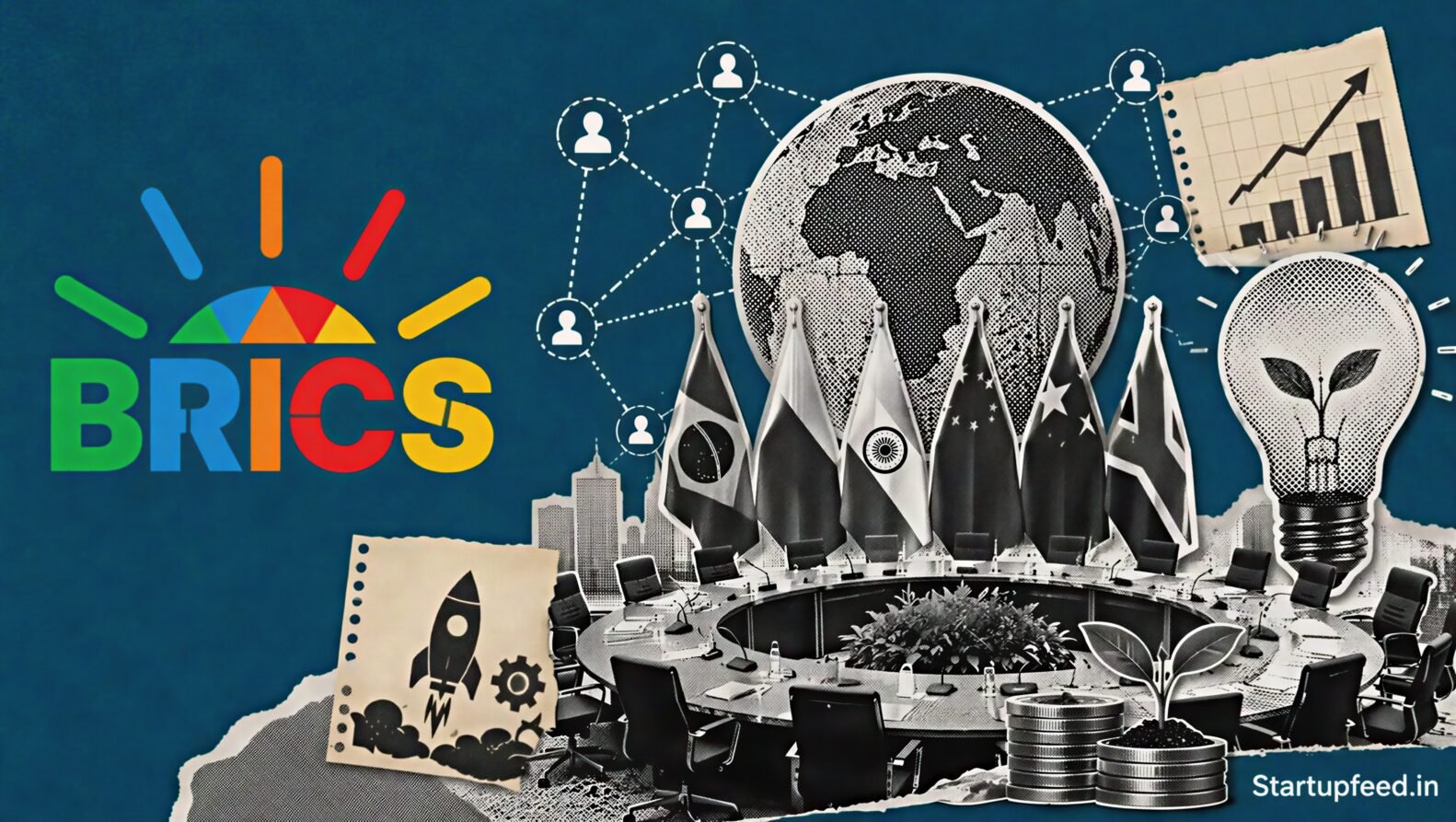 BRICS Startup Innovation Fund editorial scene with BRICS branding, startup-network connections and an India-led cross-border innovation initiative