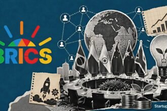 BRICS Startup Innovation Fund editorial scene with BRICS branding, startup-network connections and an India-led cross-border innovation initiative