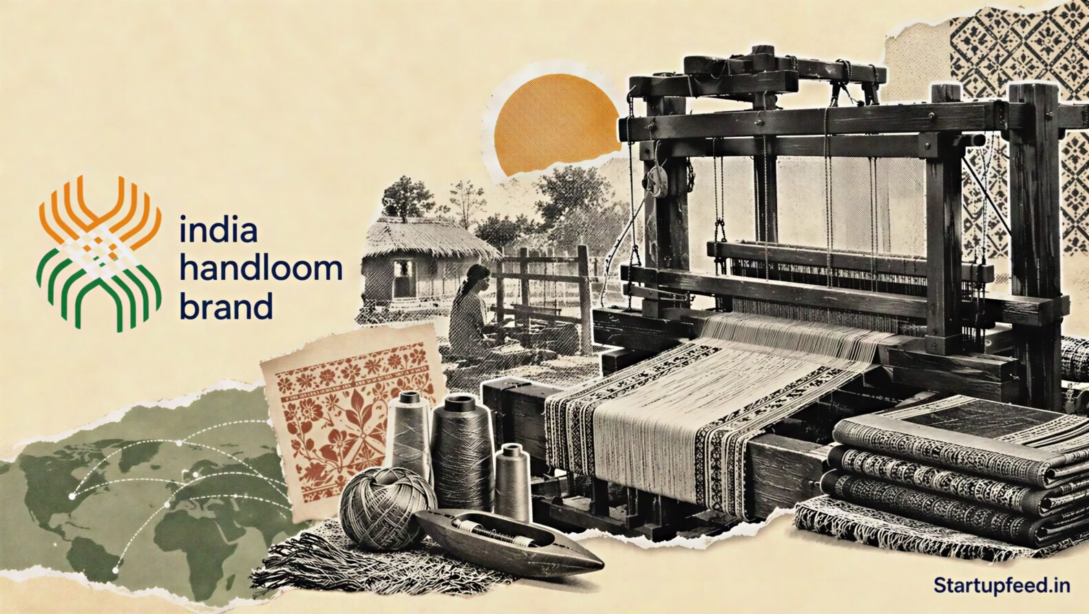 National Handloom Day 2026 editorial collage with an Indian handloom, woven textiles and traditional craft motifs representing India’s weaver economy