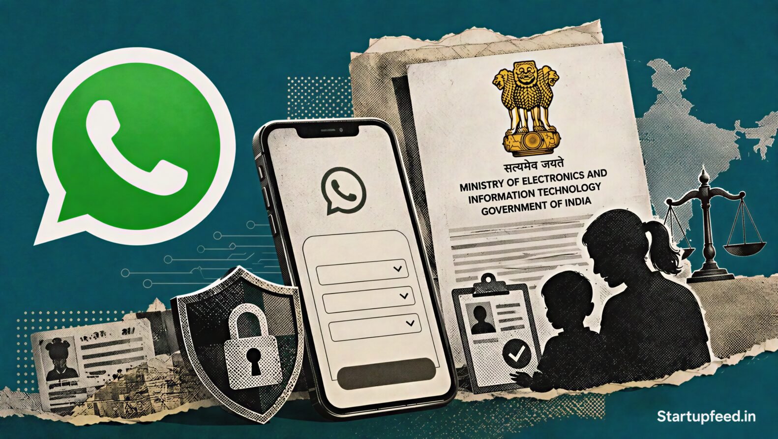 WhatsApp age check India trial shown through the official app logo, privacy shield and DPDP parental-consent document collage