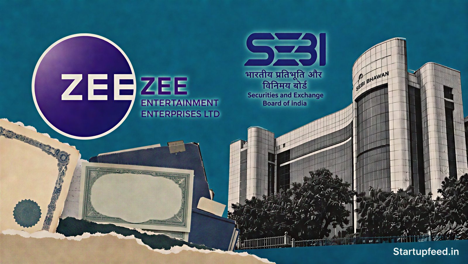 Zee Fundraise under SEBI scrutiny with official Zee logo, SEBI emblem and regulatory document collage
