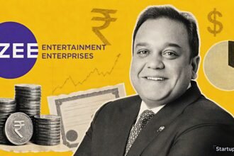 Zee promoter fundraise collage featuring Punit Goenka, the ZEEL logo, halftone coins and warrant papers on a mustard background