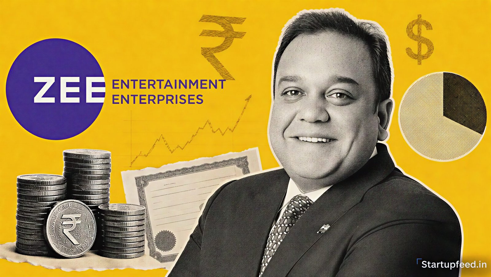 Zee promoter fundraise collage featuring Punit Goenka, the ZEEL logo, halftone coins and warrant papers on a mustard background
