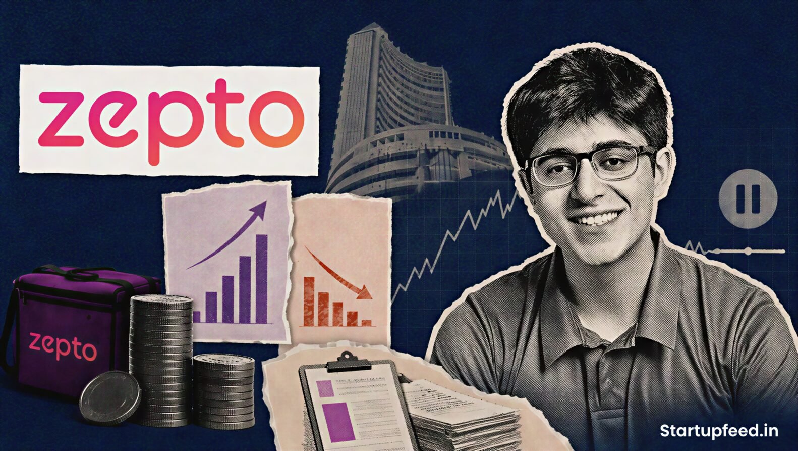 Zepto IPO delay shown with Aadit Palicha, Zepto branding, a paused market chart and pre-IPO funding imagery