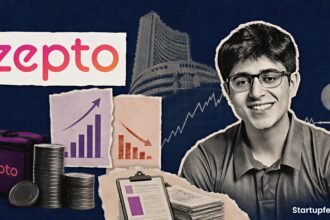 Zepto IPO delay shown with Aadit Palicha, Zepto branding, a paused market chart and pre-IPO funding imagery