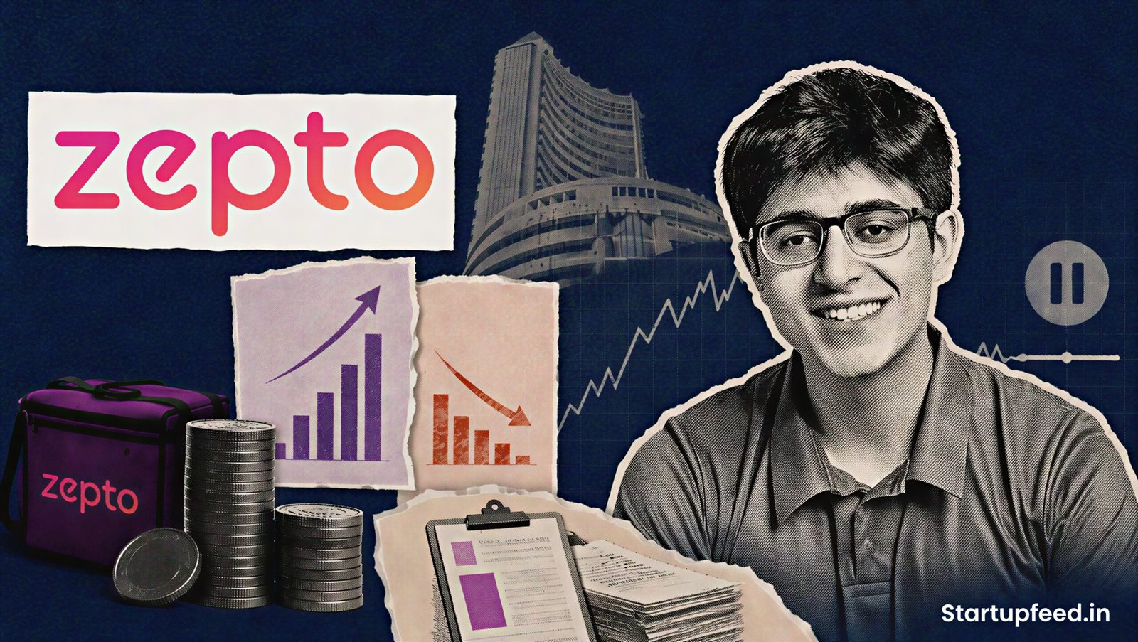 Zepto IPO delay shown with Aadit Palicha, Zepto branding, a paused market chart and pre-IPO funding imagery