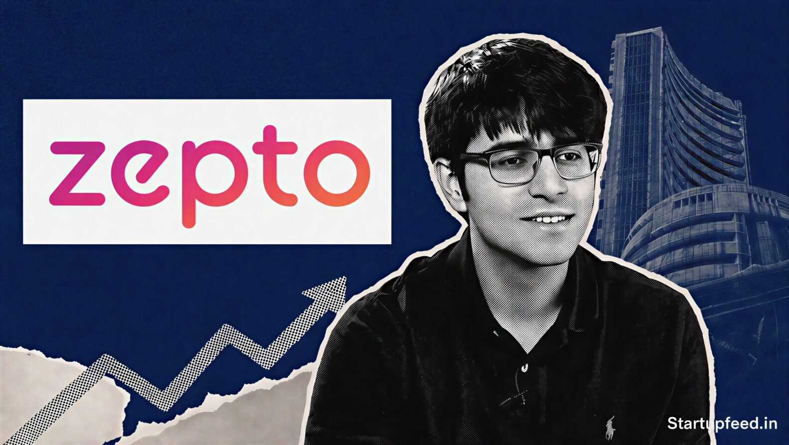 Aadit Palicha beside the Zepto logo as the Zepto IPO pullback follows a sharp public-market valuation reset