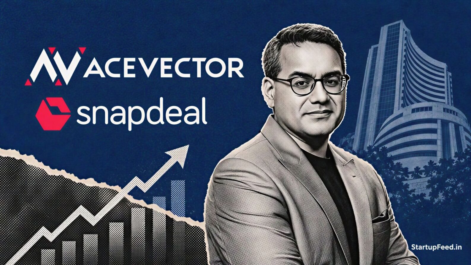 AceVector IPO portrait of Kunal Bahl beside Snapdeal branding and market-chart elements