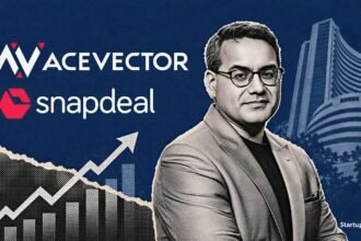 AceVector IPO portrait of Kunal Bahl beside Snapdeal branding and market-chart elements