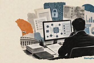 AI agent liability in India shown through contract documents, audit logs and a generic enterprise AI workstation
