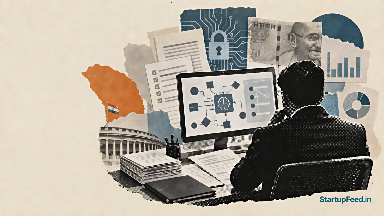 AI Agent Liability: What India Inc Wants Fixed in 2026 41 AI agent liability in India shown through contract documents, audit logs and a generic enterprise AI workstation