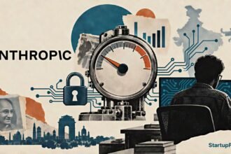 AI slowdown call depicted with Anthropic branding, a control dial and a silhouetted Indian developer