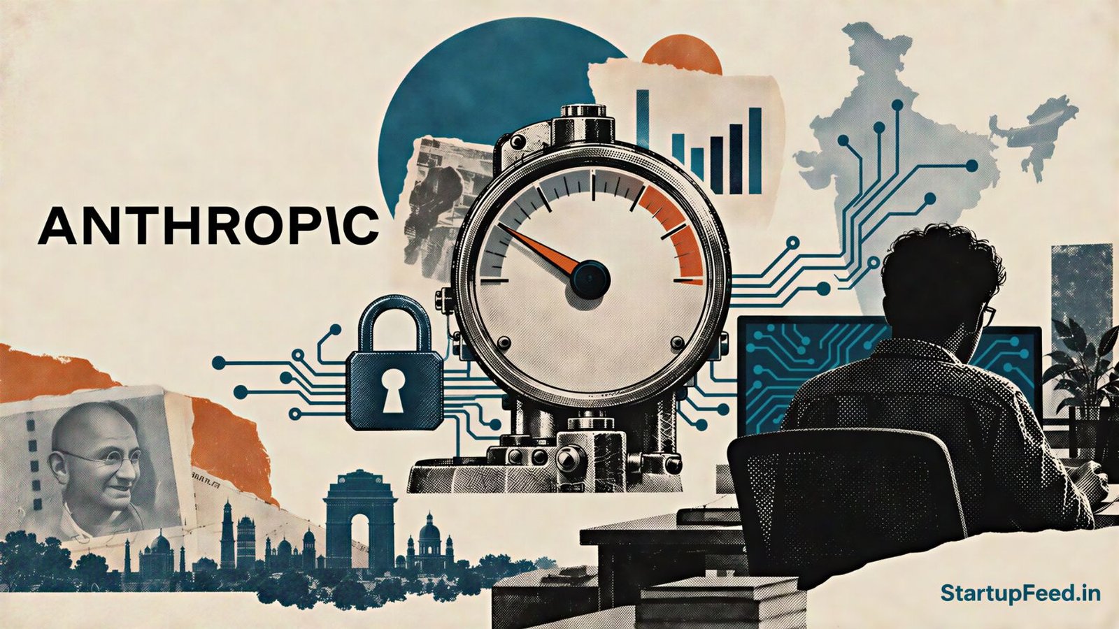 AI Slowdown Push: Real Safety or a Moat for Startups? 41 AI slowdown call depicted with Anthropic branding, a control dial and a silhouetted Indian developer