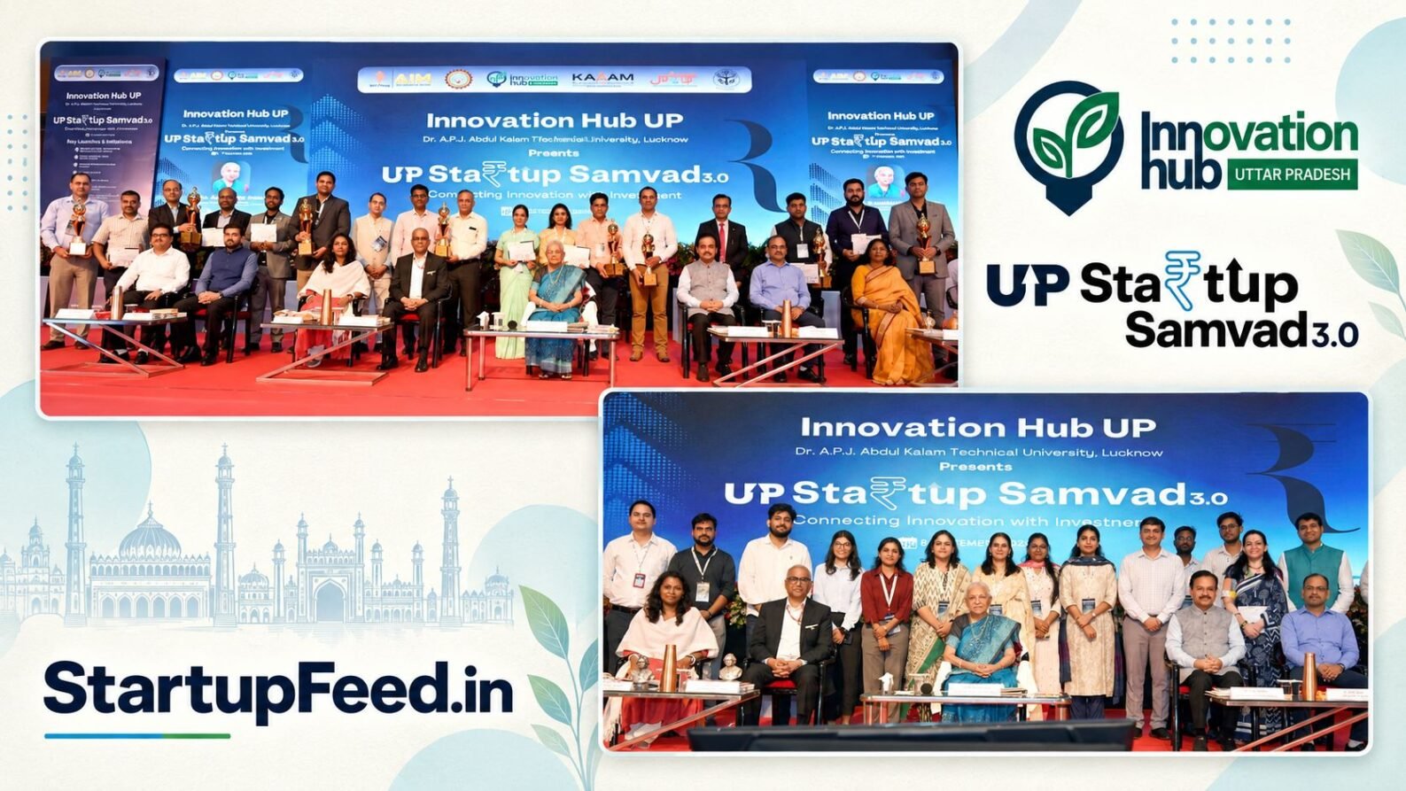 AKTU Startup Samvaad 3.0 scene with AKTU logo, investor-network motifs and Uttar Pradesh startup ecosystem