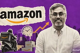 Amazon Now India expansion led by country manager Samir Kumar beside delivery scooter motifs