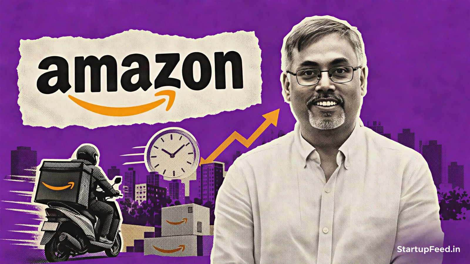 Amazon Now India expansion led by country manager Samir Kumar beside delivery scooter motifs