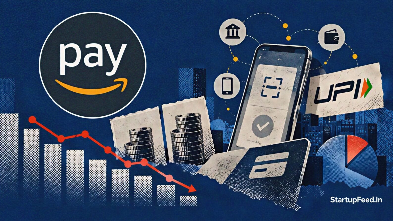 Amazon Pay India FY26 loss scene with company logo, UPI payment rail and falling market-share chart