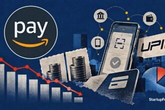 Amazon Pay India FY26 loss scene with company logo, UPI payment rail and falling market-share chart
