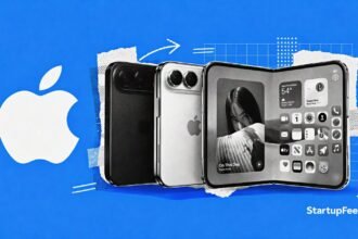 iPhone Duo price in India shown with two foldable phones and Apple logo on an electric blue background
