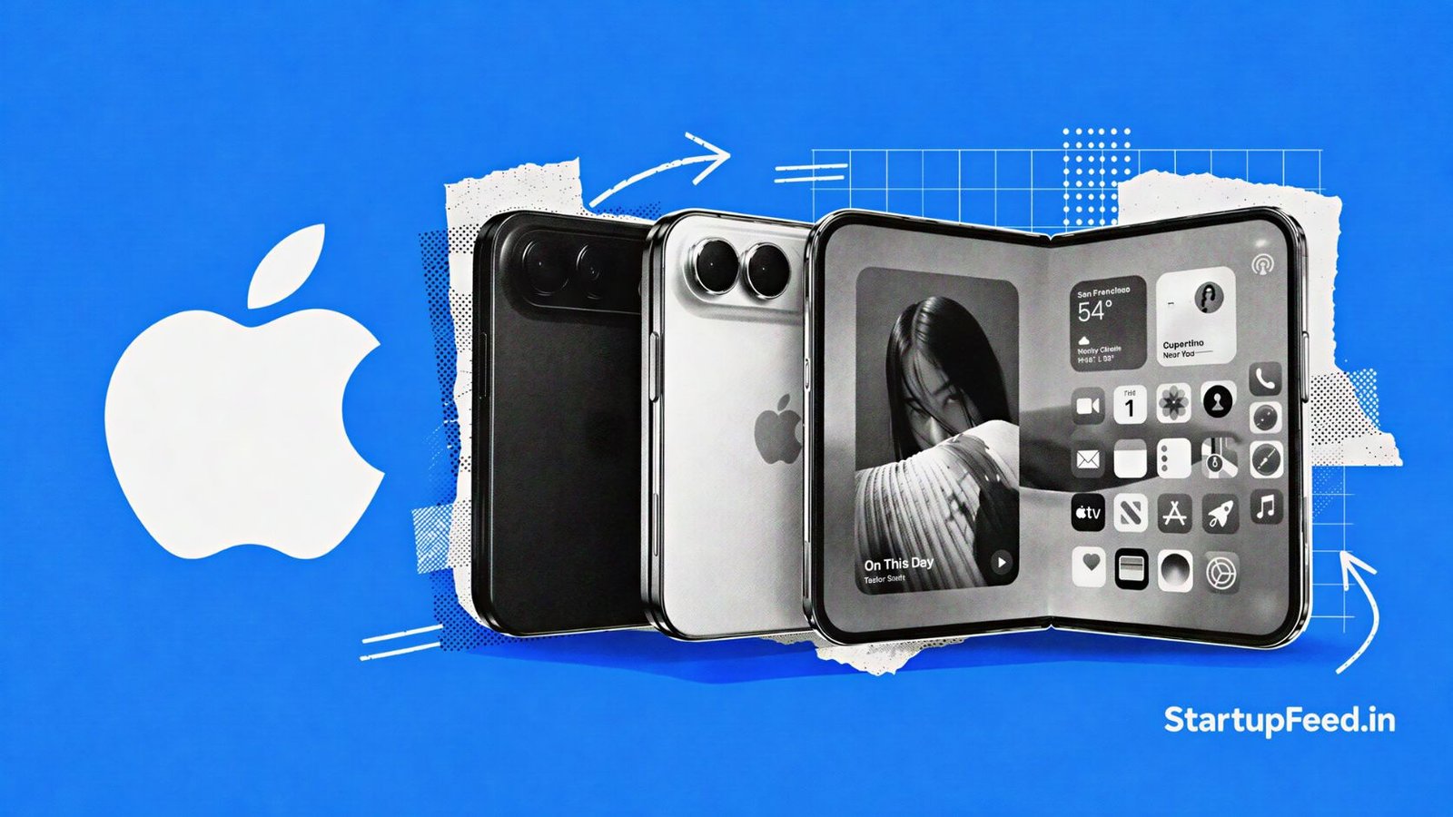 iPhone Duo price in India shown with two foldable phones and Apple logo on an electric blue background