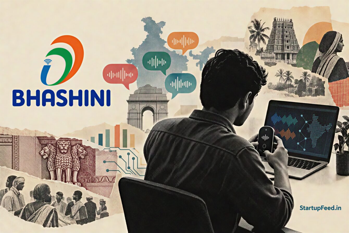 VYOMA Innovation Challenge scene with BHASHINI logo, Suno Sutra device and an AI developer