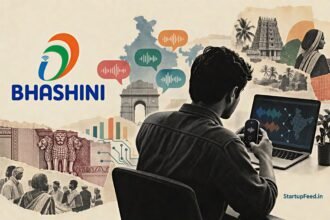 VYOMA Innovation Challenge scene with BHASHINI logo, Suno Sutra device and an AI developer