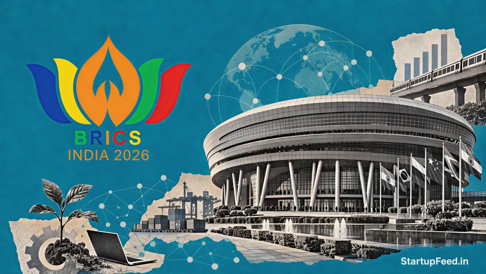 BRICS 2026 startups theme with the official chairship emblem and a halftone Bharat Mandapam scene