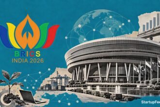 BRICS 2026 startups theme with the official chairship emblem and a halftone Bharat Mandapam scene