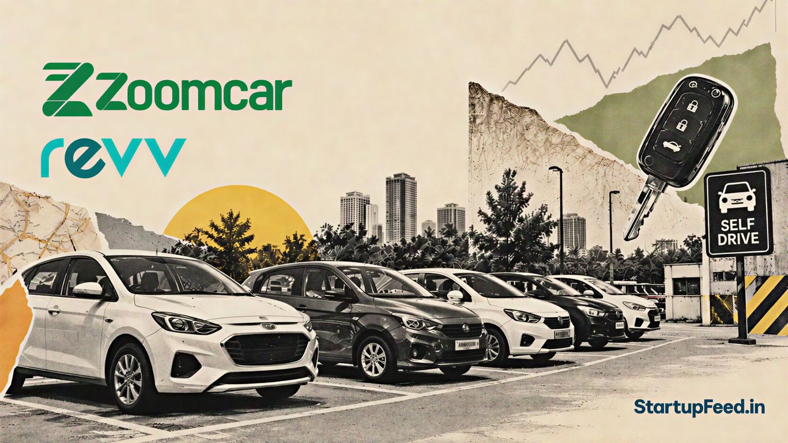 Why Have Car Rental Startups Failed in India? 41 Car rental startups india scene with Zoomcar, Drivezy and Revv logos around self-drive cars