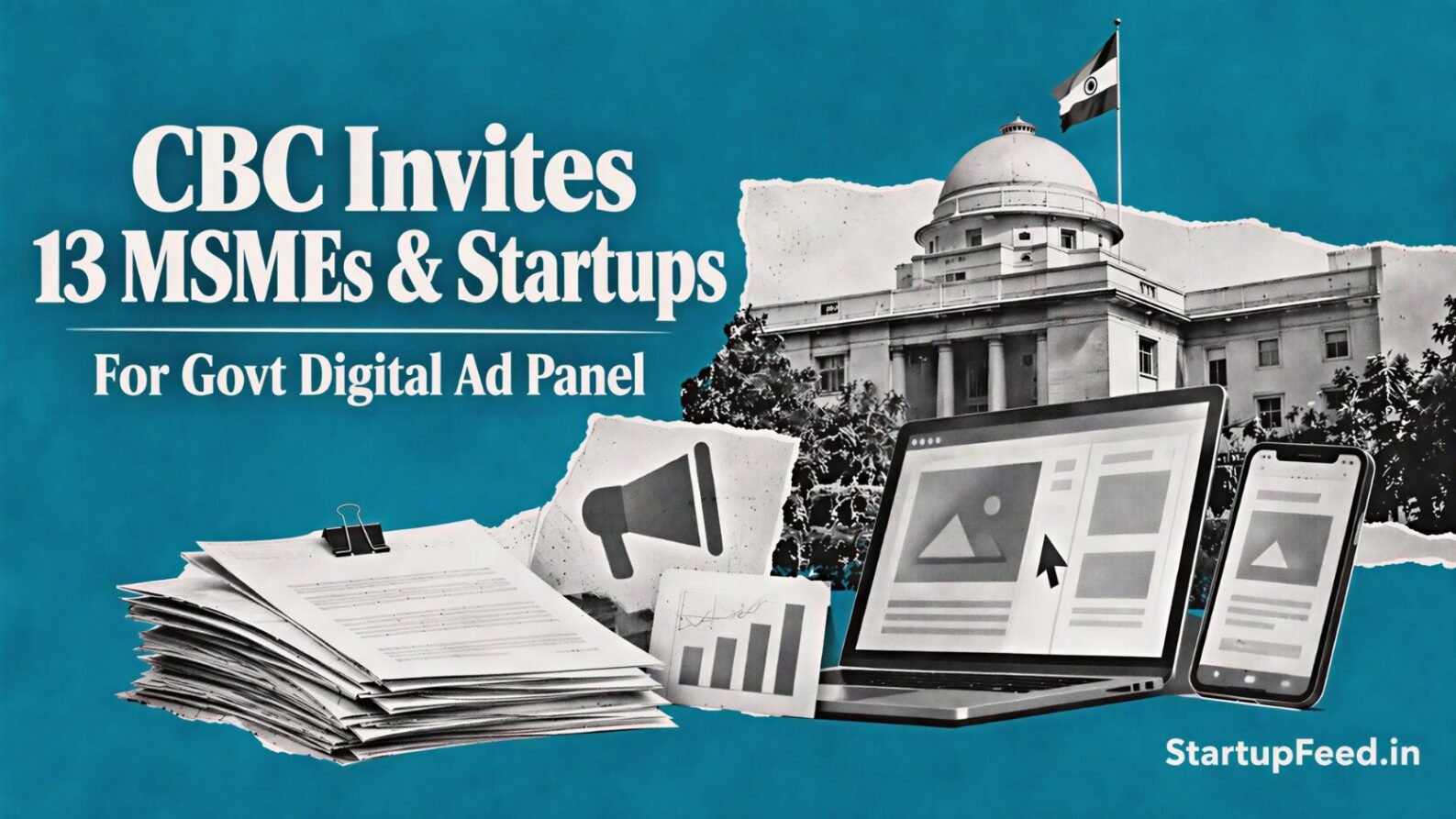 CBC digital ad empanelment scene with government documents and agency imagery for the 13-firm shortlist