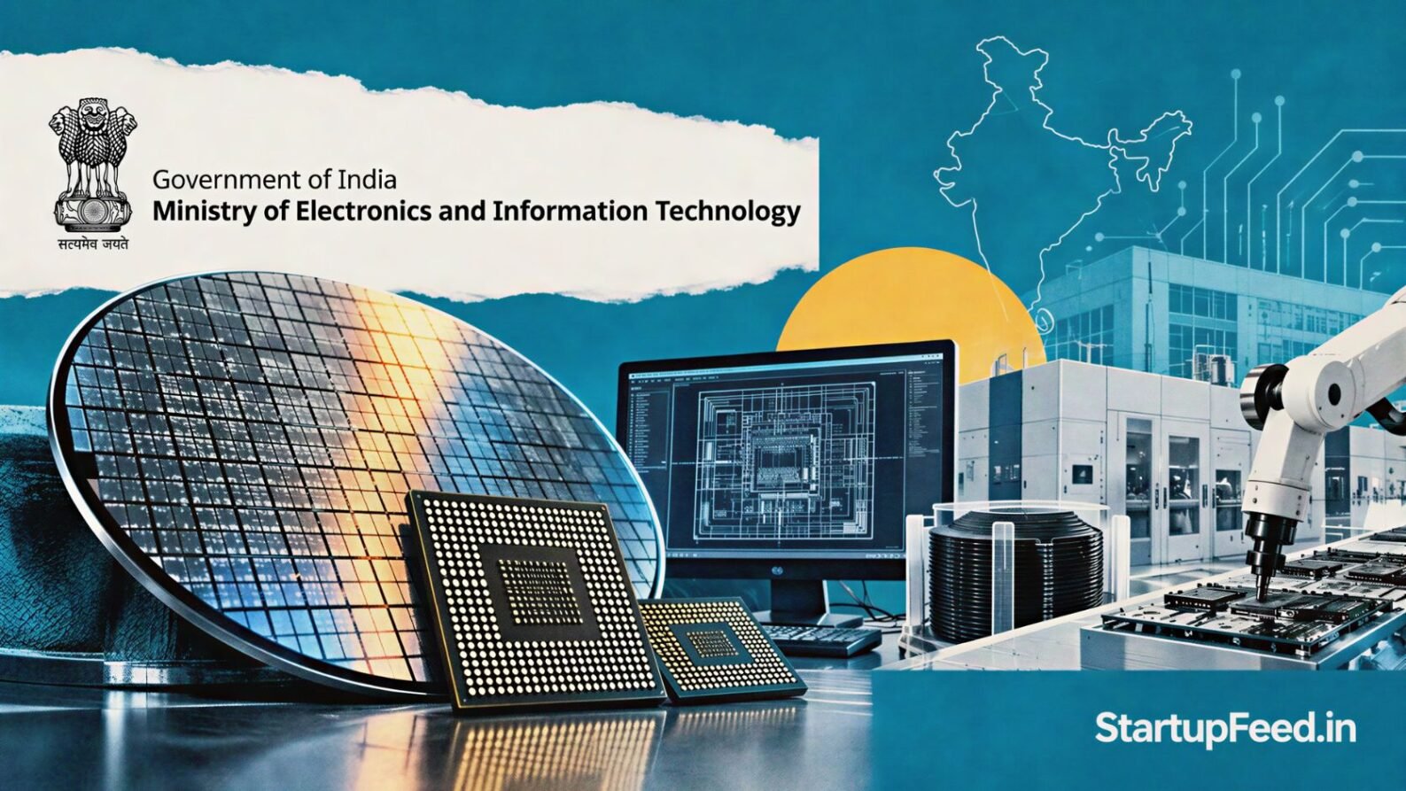 Chip design startups semicon 2.0 visual with MeitY emblem, wafer, circuit motifs and precision manufacturing