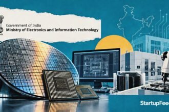 Chip design startups semicon 2.0 visual with MeitY emblem, wafer, circuit motifs and precision manufacturing