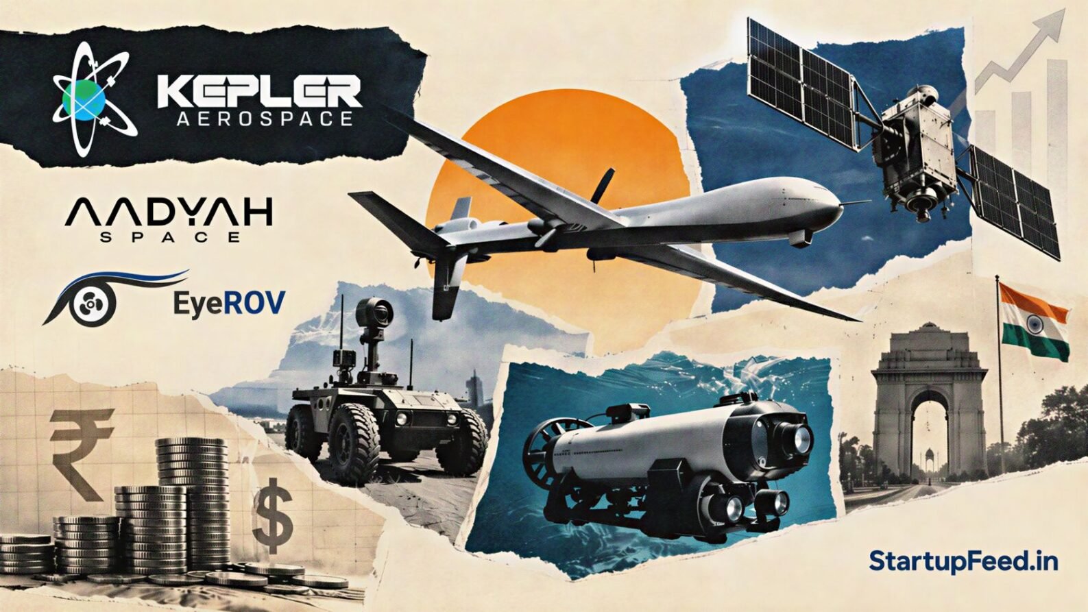 Defence tech startup funding scene with Kepler Aerospace logo, drones and satellite systems in India