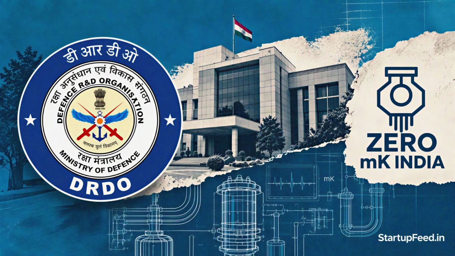 DRDO TDF deep-tech startup agreement shown with DRDO emblem, official building and quantum cryogenic motifs