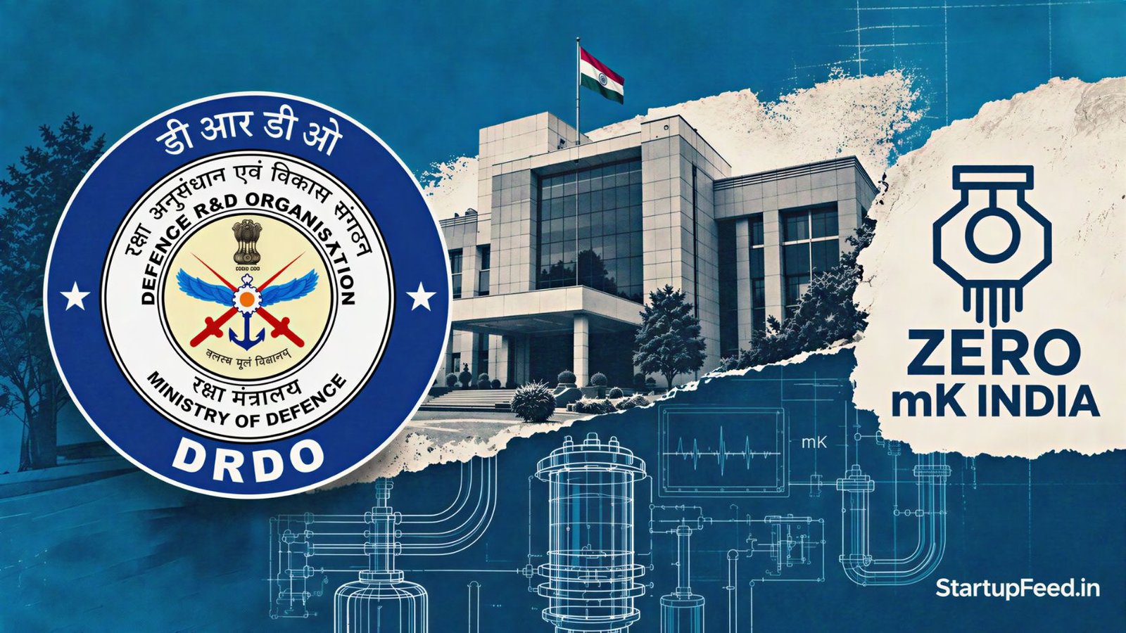 DRDO TDF deep-tech startup agreement shown with DRDO emblem, official building and quantum cryogenic motifs