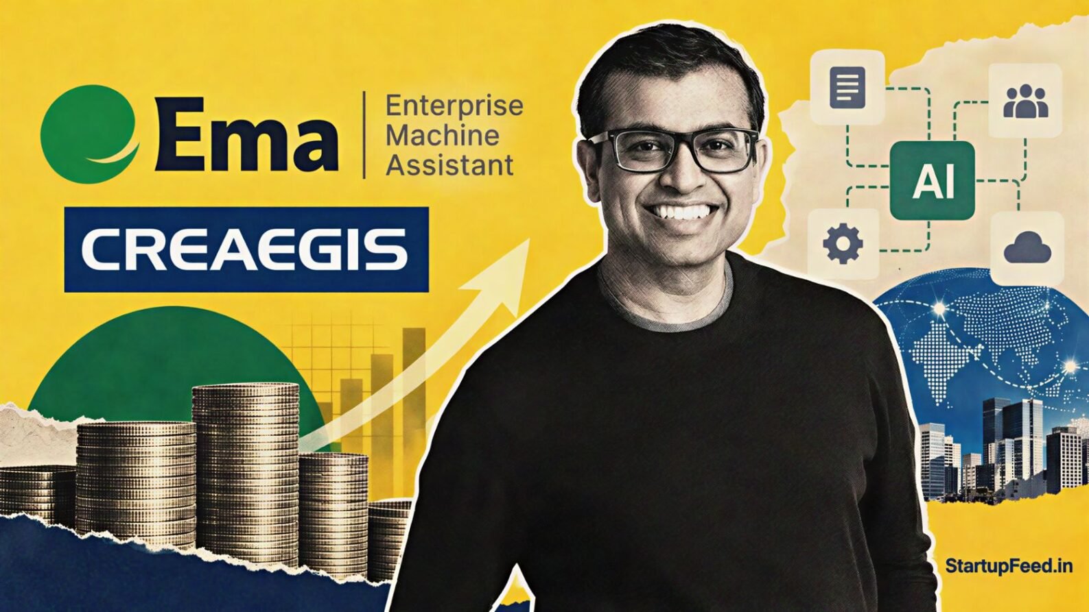 Ema series b funding scene with Ema and Creaegis logos, halftone AI workflow motifs and $77 Mn round
