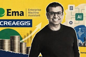 Ema series b funding scene with Ema and Creaegis logos, halftone AI workflow motifs and $77 Mn round