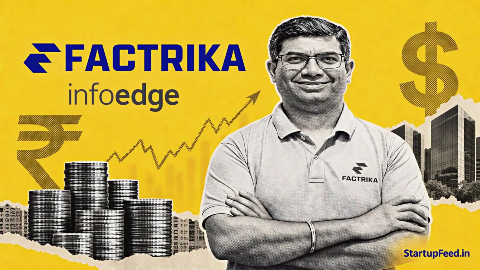 Factrika seed funding scene with co-founder Kshitij Puri beside Factrika and Info Edge logos