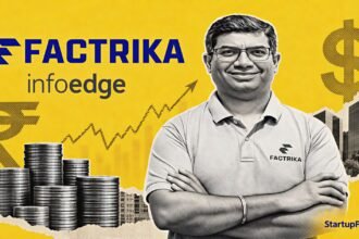 Factrika seed funding scene with co-founder Kshitij Puri beside Factrika and Info Edge logos