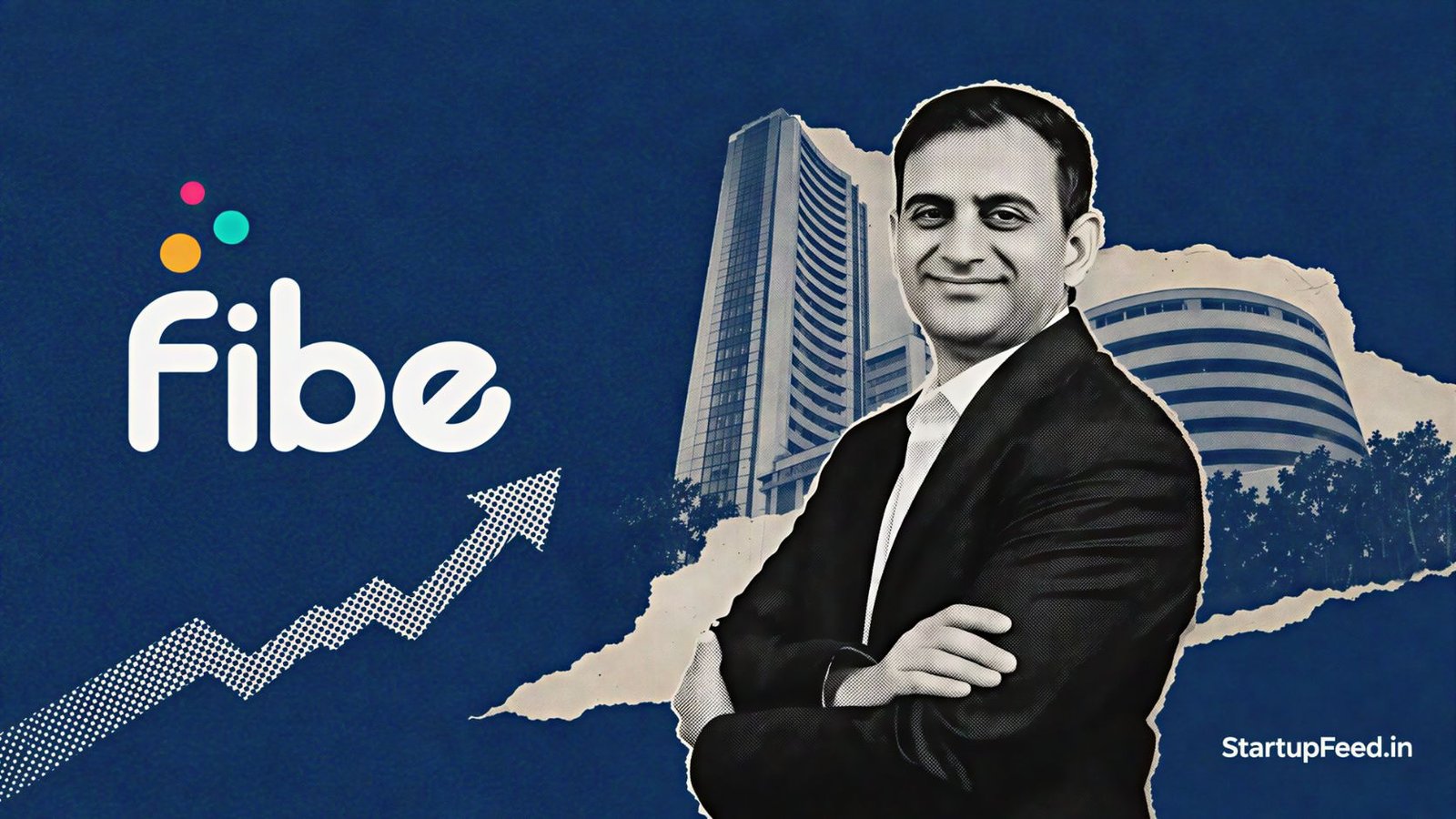Fibe IPO visual with CEO Akshay Mehrotra, company logo and stock-market elements