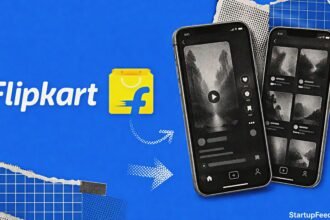 Flipkart microdrama feed shown on two smartphones beside the official company logo