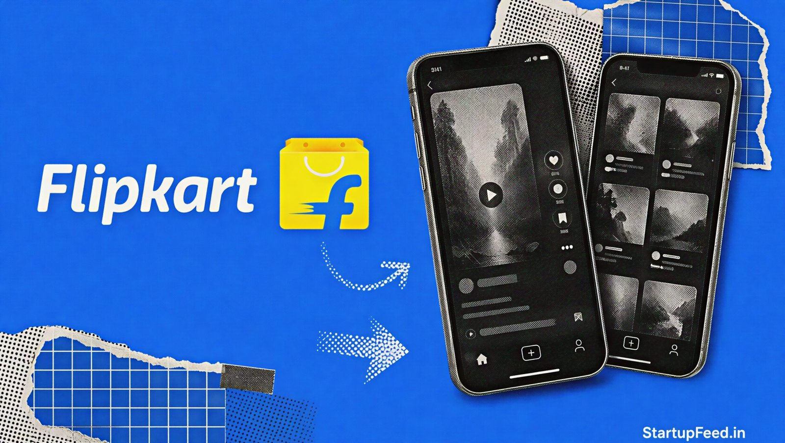 Flipkart microdrama feed shown on two smartphones beside the official company logo