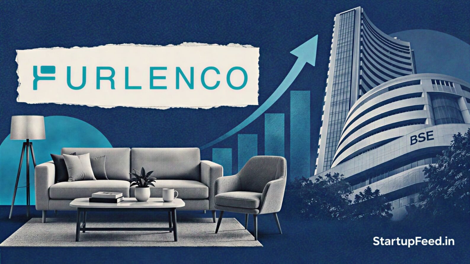 Furlenco IPO visual with the company logo against a navy stock-exchange sketch and upward chart motif
