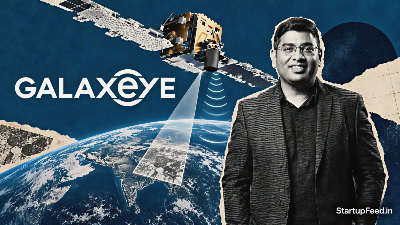GalaxEye Wins First US Patent for Satellite Imaging Tech 40 GalaxEye US patent visual with OptoSAR satellite beams scanning Earth through optical and radar sensors