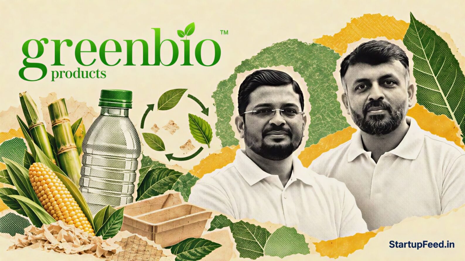 Greenbio compostable bottles with founders Pradeep Kokkatt and Aliasgar Vora beside plant-based packaging
