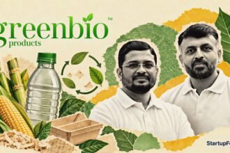 Greenbio compostable bottles with founders Pradeep Kokkatt and Aliasgar Vora beside plant-based packaging