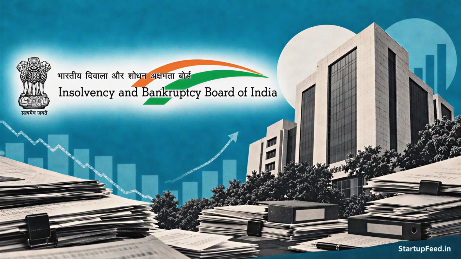 IBC liquidation data visual with IBBI emblem, insolvency documents and institutional headquarters sketch