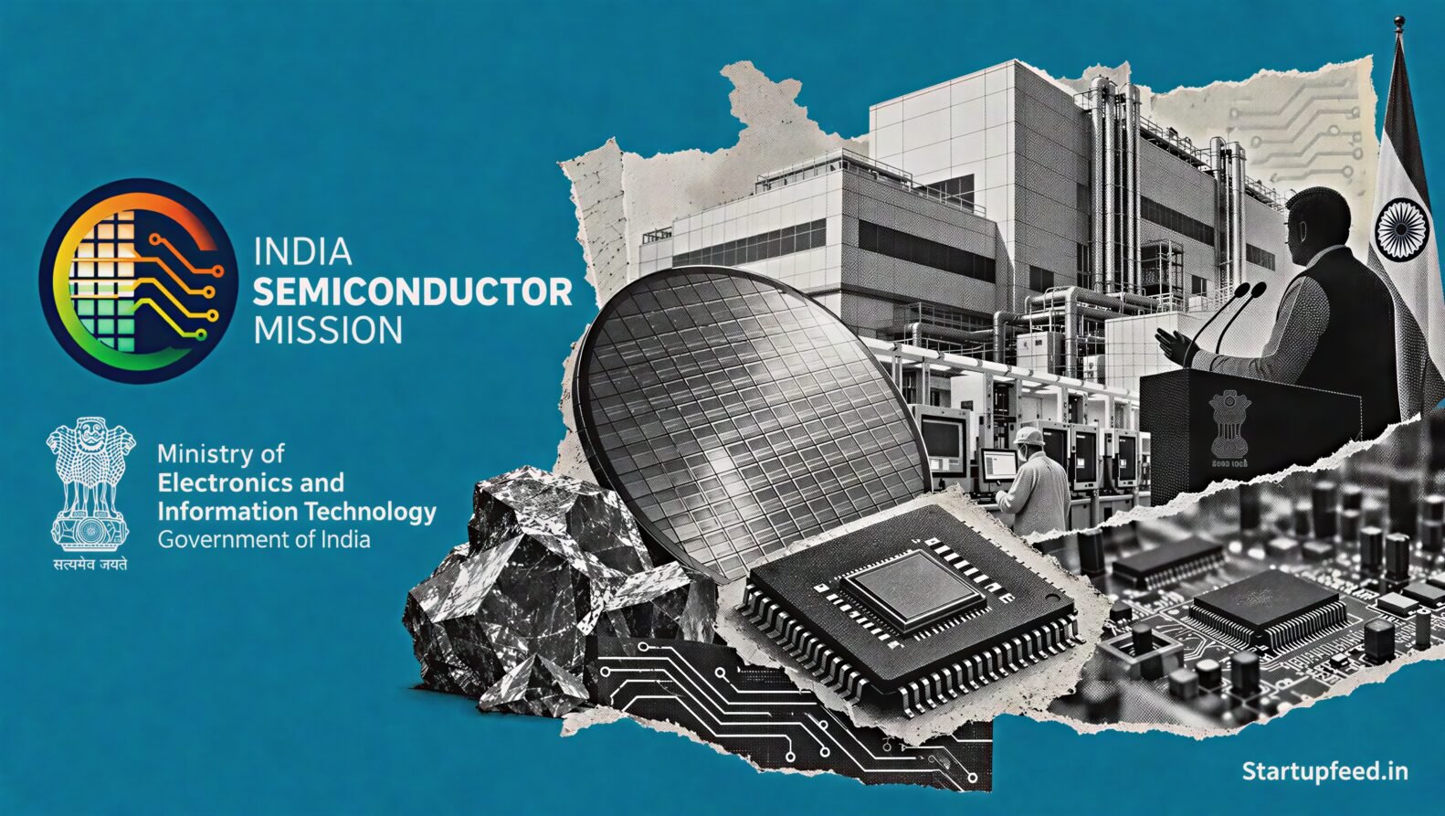 India Semiconductor Mission 2.0 policy visual with MeitY emblem, semiconductor wafer collage and Indian chip manufacturing setting